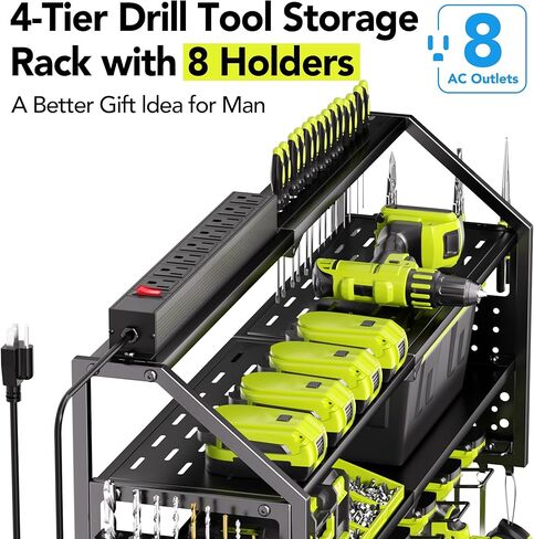 Power Tool Organizer Wall Mount with Charging Station, 8 Drill Holder with 8-Outlet Power Strip, Garage Cordless Drill Storage and Organization, Battery Utility Rack in Saudi Arabia