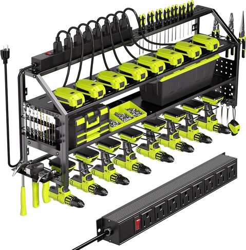 Power Tool Organizer Wall Mount with Charging Station, 8 Drill Holder with 8-Outlet Power Strip, Garage Cordless Drill Storage and Organization, Battery Utility Rack in Saudi Arabia