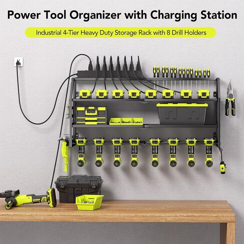 Power Tool Organizer Wall Mount with Charging Station, 8 Drill Holder with 8-Outlet Power Strip, Garage Cordless Drill Storage and Organization, Battery Utility Rack in Saudi Arabia