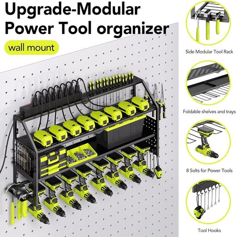 Power Tool Organizer Wall Mount with Charging Station, 8 Drill Holder with 8-Outlet Power Strip, Garage Cordless Drill Storage and Organization, Battery Utility Rack in Saudi Arabia