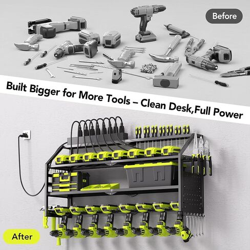 Power Tool Organizer Wall Mount with Charging Station, 8 Drill Holder with 8-Outlet Power Strip, Garage Cordless Drill Storage and Organization, Battery Utility Rack in Saudi Arabia