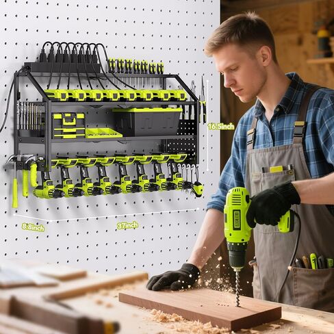 Power Tool Organizer Wall Mount with Charging Station, 8 Drill Holder with 8-Outlet Power Strip, Garage Cordless Drill Storage and Organization, Battery Utility Rack in Saudi Arabia