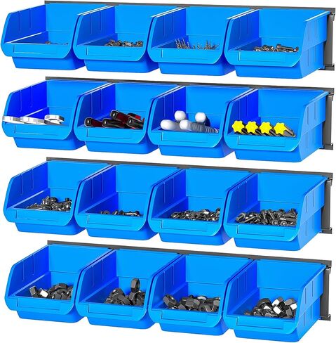 Ultrawall Wall Mounted Storage Bins, Plastic Hanging Storage Organizer Bins, Garage Tool Storage System for Screws, Nuts, Bolts, Nails, and Small Hardware Parts, 16x bins & 4 x rails, Blue in Saudi Arabia