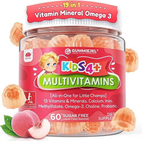 Kids Multivitamin Gummies + Iron, Omega 3, Probiotic, Fiber, Vitamins A C D3 E, K2, Methylfolate, Calcium, Choline, Kids Vitamins Multivitamin for Growth, Immune, Bone, Brain, Focus, No Sugar, 60 Cts in Kuwait