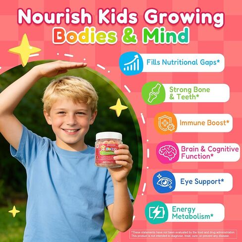 Kids Multivitamin Gummies + Iron, Omega 3, Probiotic, Fiber, Vitamins A C D3 E, K2, Methylfolate, Calcium, Choline, Kids Vitamins Multivitamin for Growth, Immune, Bone, Brain, Focus, No Sugar, 60 Cts in Kuwait