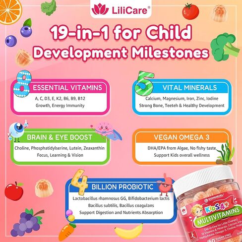 Kids Multivitamin Gummies + Iron, Omega 3, Probiotic, Fiber, Vitamins A C D3 E, K2, Methylfolate, Calcium, Choline, Kids Vitamins Multivitamin for Growth, Immune, Bone, Brain, Focus, No Sugar, 60 Cts in Kuwait