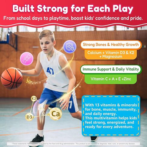 Kids Multivitamin Gummies + Iron, Omega 3, Probiotic, Fiber, Vitamins A C D3 E, K2, Methylfolate, Calcium, Choline, Kids Vitamins Multivitamin for Growth, Immune, Bone, Brain, Focus, No Sugar, 60 Cts in Kuwait