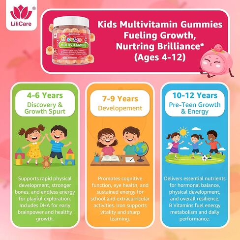 Kids Multivitamin Gummies + Iron, Omega 3, Probiotic, Fiber, Vitamins A C D3 E, K2, Methylfolate, Calcium, Choline, Kids Vitamins Multivitamin for Growth, Immune, Bone, Brain, Focus, No Sugar, 60 Cts in Kuwait