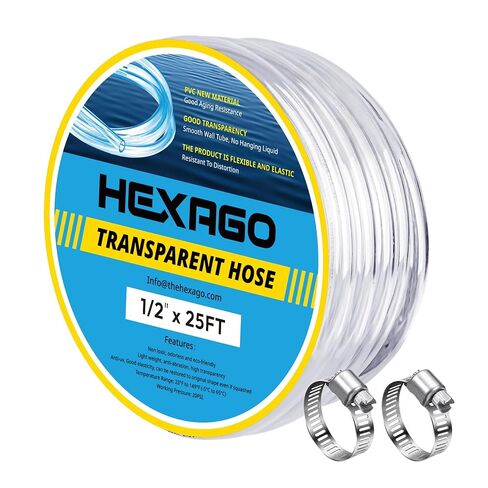 Hexago 1/2" ID x 10 ft Clear PVC Tubing, Flexible 73A Vinyl Hose, 20–60 PSI Low Pressure Plastic Tube with 2 Metal Clamps in Kuwait