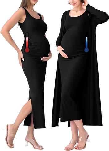 Rnxrbb 2 PCS Fall Winter Maternity Dress Cardigan Set Long Bodycon Maxi Formal Dresses Boho Baby Shower for Women in Kuwait