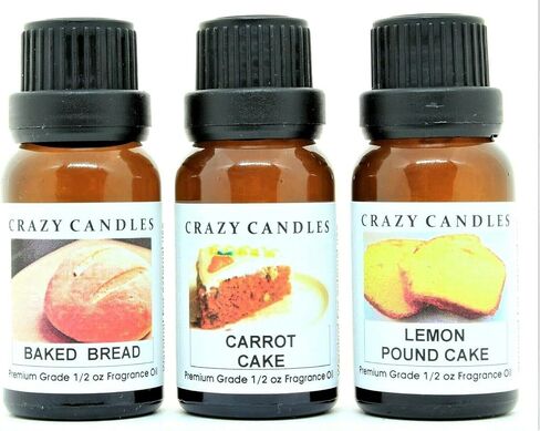 مجموعة كريزي كاندلز 3 زجاجات، 1 خبز مخبوز، 1 كعكة جزر، 1 رطل كعكة ليمون، 1/2 أونصة سائلة لكل منها (15 مل) زيوت عطرية معطرة عالية الجودة in Kuwait