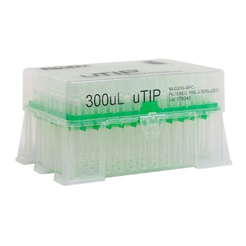 أطراف ماصات فلتر uTIP M-0300-9FC، ملائمة عالمية، منخفضة الاحتفاظ، راتنج X، مفلترة، معقمة مسبقًا، 300 ميكرولتر (عبوة من 4800 قطعة) in Kuwait