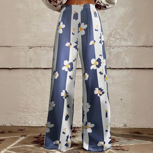 Women's Blue White Daisy Print Elastic Waist Wide Leg Pants in Saudi Arabia