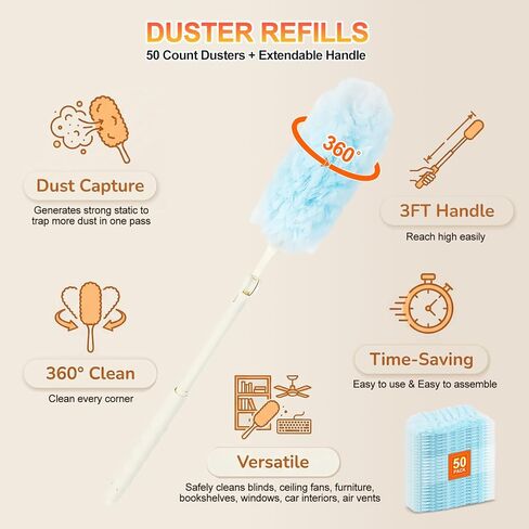 50 Count Heavy Duty Duster Refills for Swiffer Duster, Multisurface 360 Dusters Replacements with 3 ft Extended Handle, Unscented Disposable Dusters for Cleaning Home, Blinds, Ceiling Fans, Furniture in Saudi Arabia
