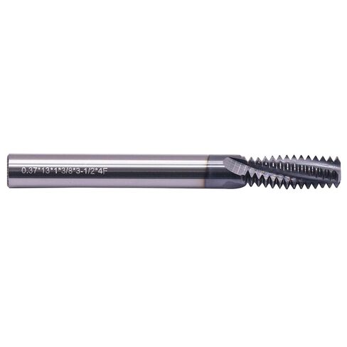 1/2-13 Solid Carbide Thread end Mill - AlCrN Coated, 4 Helical Flute-.370" Cutting Diameter, 13 Pitch Length of Cut(1.00), 3/8" Shank Diameter, 3-1/2" Overall Length in Saudi Arabia
