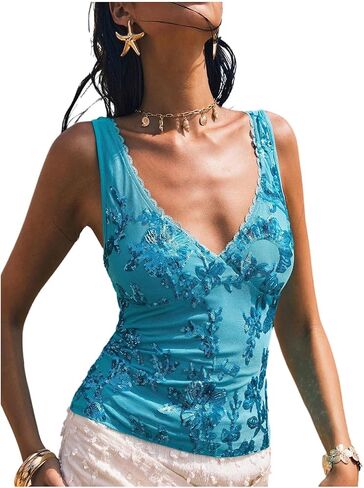 MakeMeChic Women's Y2k Sparkly Sequin Tank Tops Floral Sexy V Neck Lace Crop Party Top in Saudi Arabia