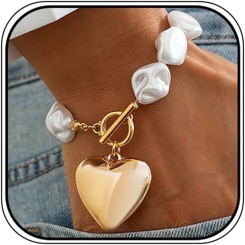 Baroque Pearls Puffy Heart Bracelets for Women Chunky Gold Geometric Pearl Love Shaped Bracelet Large OT Buckle Bangles Vintage Statement Jewelry in Kuwait