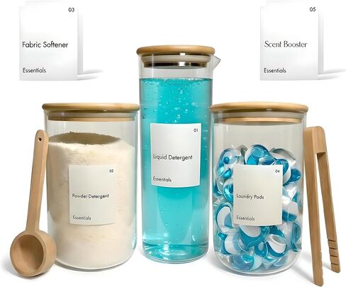 IVIZA Glass Laundry Detergent Dispenser & Storage Set – Liquid Detergent Pump, Fabric Softener Dispenser, Laundry Powder Jar & Dryer Sheet Holder – Complete Laundry Organization Set in Saudi Arabia