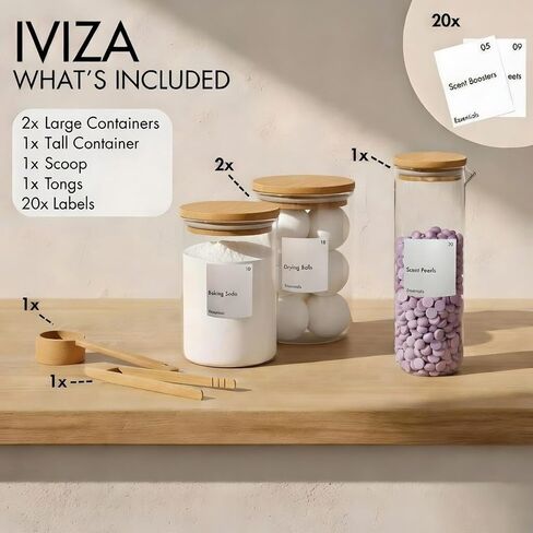 IVIZA Glass Laundry Detergent Dispenser & Storage Set – Liquid Detergent Pump, Fabric Softener Dispenser, Laundry Powder Jar & Dryer Sheet Holder – Complete Laundry Organization Set in Saudi Arabia