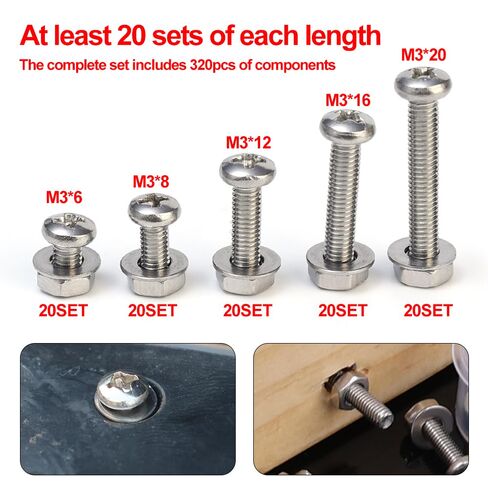 320PCS M3 Hexagon Socket Screw and Nut Set Crosshead Stainless Steel Screw DIY Home Furniture Fasteners in Saudi Arabia