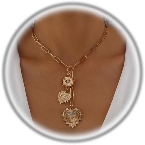 Chunky Necklace for Women,Sun Heart Charm Choker Necklace Trendy Thick Paperclip Chain Hip Hop Necklaces Fashion CZ Paper Clip Chain Choker Necklaces Charm Y2K Jewelry in Kuwait