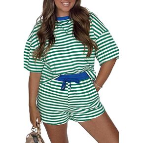 Ecosunny Womens 2 Piece Lounge Sets Matching Sets Stripe Drop Shoulder Boxy Casual Terry Short Set Sweatsuit with Pockets in Kuwait