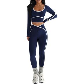Milumia Women's 2 Piece Workout Sets Color Block Long Sleeve Crop Top High Waisted Leggings Sets in Kuwait