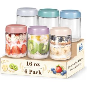 6 Pack Overnight Oats Containers with Lids, 16oz Wide Mouth Mason Jars, Suger Bowls, Glass Food Containers with Airtight Lids for Overnight Oats Jars for Yogurt, Meal Prep, Chia Pudding in Kuwait