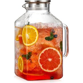 1 Gallon thickened Square Glass Pitcher with Lid, Classic Stripes Water Pitchers for Fridge, Borosilicate Glass Carafe for Hot/Cold Brew Drink, Extra Large Jug with Handle for Iced Tea, Coffee, Juice in Kuwait