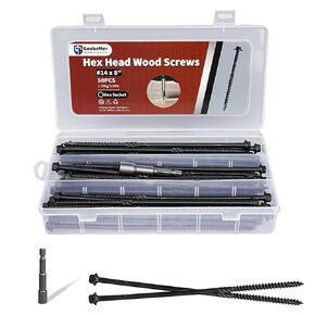 Lag Screws 8 Inch, 50Pcs #14 x 8 Heavy-Duty Structural Wood Screws, Hex Washer Head, Black Rust Resistant Coated, Long Outdoor Deck Screws for Timber Fence Log, Hex Socket Included in Kuwait