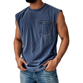 Sleeveless Shirts for Men Distressed Washed Denim Cotton Tank Shirt Vintage Solid Tee Running T-Shirt Summer Tops in Kuwait
