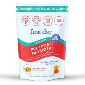 اليوم الأول علكة تريبيوتيك للأطفال الصغار (الأعمار 2-3 سنوات) | علكات بروبيوتيك للأطفال | 3 في 1 Pre + Pro + Postbiotics لصحة الجهاز الهضمي والمناعي للأطفال - الكيوي، 60 قطعة (كمية تكفي لمدة 30 يومًا) in Kuwait