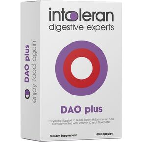 Intoleran DAO Plus الإنزيمات الهاضمة - 50 كبسولة | ملحق لعدم تحمل الهيستامين ونقص DAO | مستويات الهستامين الصحية | 30.000 HDU ديامين أوكسيديز (DAO) إنزيم | فيتامين ج وكيرسيتين in Kuwait