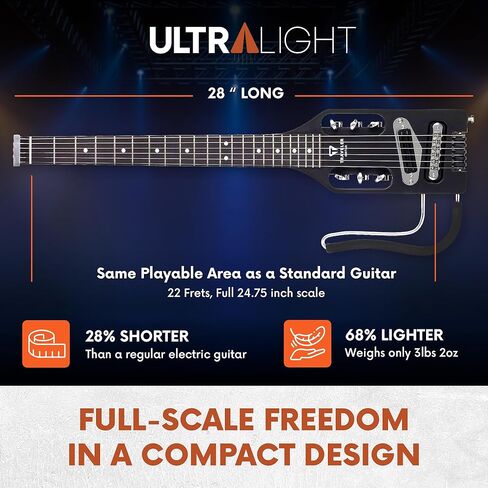 جيتار ترافيلر جيتار كهربائي خفيف للغاية باللون الأسود غير اللامع، كهربائي محمول باليد اليسرى مع مسند للحضن قابل للإزالة، مقاس 24 3/4 بوصة، جيتار بدون رأس، حقيبة مخصصة للجيتار متضمنة in Kuwait