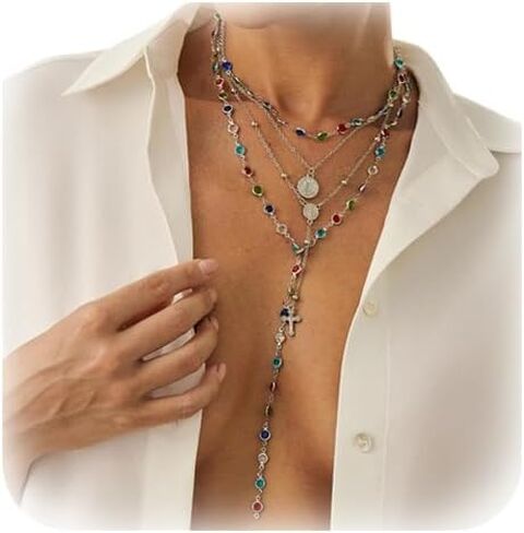 4Pcs/set Long Colorful Crystal Necklace,Adjustable Layered Dainty Crystal Clavicle Chain Necklace Summer Beach Cross Pendant Chest Chain Jewelry for Women in Kuwait