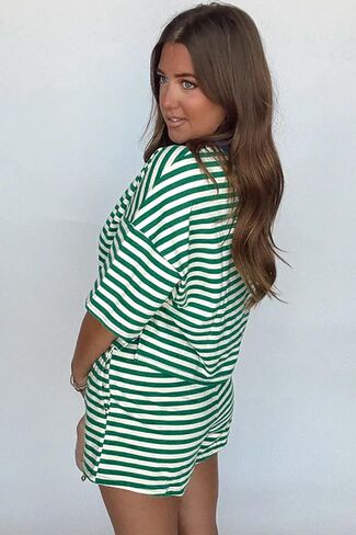 Ecosunny Womens 2 Piece Lounge Sets Matching Sets Stripe Drop Shoulder Boxy Casual Terry Short Set Sweatsuit with Pockets in Saudi Arabia