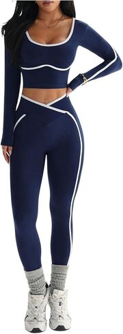 طقم تمرين نسائي من Milumia مكون من قطعتين، مجموعة ألوان وأكمام طويلة وبنطلون ضيق عالي الخصر in Kuwait