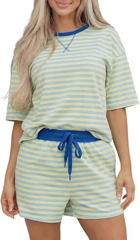 Ecosunny Womens 2 Piece Lounge Sets Matching Sets Stripe Drop Shoulder Boxy Casual Terry Short Set Sweatsuit with Pockets in Saudi Arabia