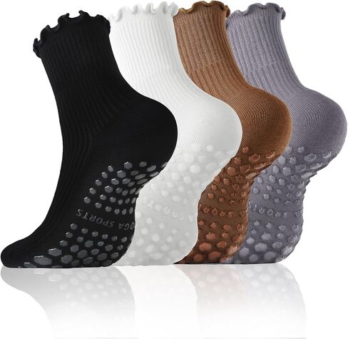 Pilates Socks with Grips for Women Non Slip Ruffle Yoga Socks Grippy Crew Socks for Barre Athletic Hospital 4 Pairs in Saudi Arabia