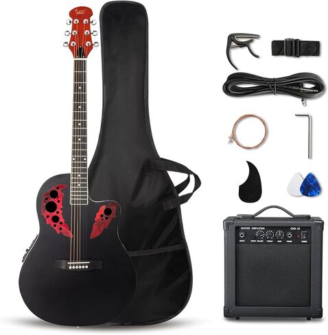 جيتار كهربائي صوتي مقاس 41 بوصة من GLARRY، تصميم فريد مستدير من الخلف، مجموعة مكونة من 6 أوتار للمبتدئين من الجيتار مع 15 وات أمبير، EQ، حقيبة، حزام، اختيارات، أوتار (أسود مع AMP، يد يمين كاملة) in Kuwait