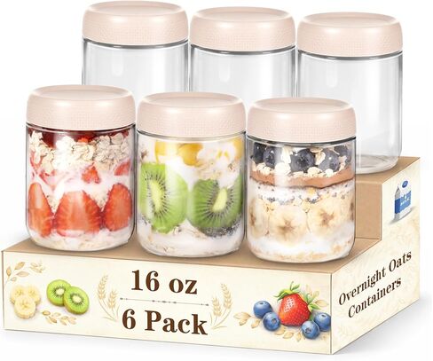 6 Pack Overnight Oats Containers with Lids, 16oz Wide Mouth Mason Jars, Suger Bowls, Glass Food Containers with Airtight Lids for Overnight Oats Jars for Yogurt, Meal Prep, Chia Pudding in Saudi Arabia