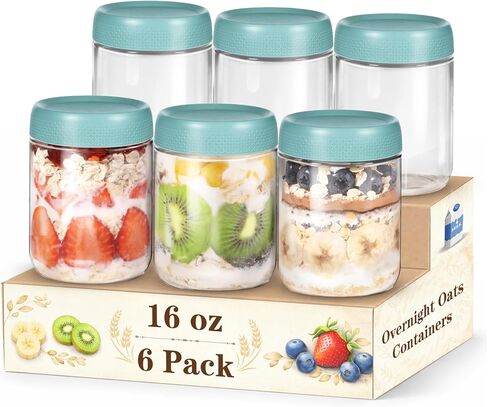 6 Pack Overnight Oats Containers with Lids, 16oz Wide Mouth Mason Jars, Suger Bowls, Glass Food Containers with Airtight Lids for Overnight Oats Jars for Yogurt, Meal Prep, Chia Pudding in Saudi Arabia