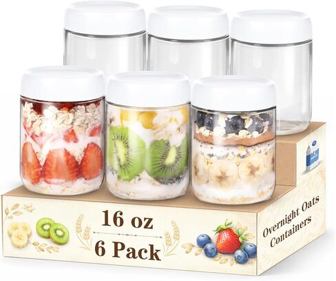 6 Pack Overnight Oats Containers with Lids, 16oz Wide Mouth Mason Jars, Suger Bowls, Glass Food Containers with Airtight Lids for Overnight Oats Jars for Yogurt, Meal Prep, Chia Pudding in Saudi Arabia