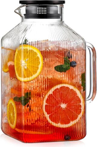 1 Gallon thickened Square Glass Pitcher with Lid, Classic Stripes Water Pitchers for Fridge, Borosilicate Glass Carafe for Hot/Cold Brew Drink, Extra Large Jug with Handle for Iced Tea, Coffee, Juice in Kuwait