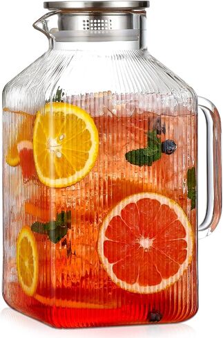 1 Gallon thickened Square Glass Pitcher with Lid, Classic Stripes Water Pitchers for Fridge, Borosilicate Glass Carafe for Hot/Cold Brew Drink, Extra Large Jug with Handle for Iced Tea, Coffee, Juice in Saudi Arabia