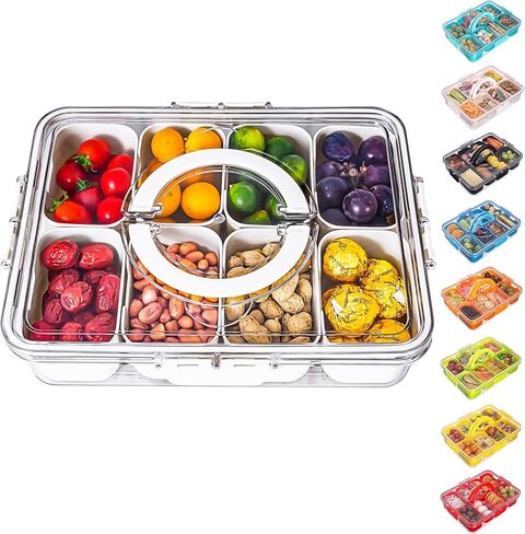 Dingerjar Divided Serving Tray with Lid and Handle - Snackle Box Charcuterie Container for Portable Snack Platters - Clear Organizer for Candy, Fruits, Nuts, Snacks - Perfect for Party, Entertaining in Saudi Arabia