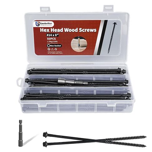 Lag Screws 8 Inch, 50Pcs #14 x 8 Heavy-Duty Structural Wood Screws, Hex Washer Head, Black Rust Resistant Coated, Long Outdoor Deck Screws for Timber Fence Log, Hex Socket Included in Kuwait