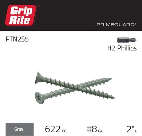 Grip-Rite PTN2S5 PG10 Polymer Coated #8 x 2 Coarse Thread Deck Screw, Gray, 5lb Box in Saudi Arabia