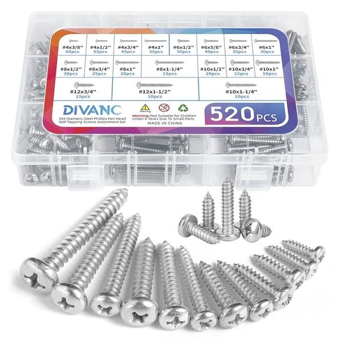 580 قطعة 304 مجموعة متنوعة من براغي الخشب المصنوعة من الفولاذ المقاوم للصدأ، M3/M4/M5/M6 فيليبس رأس مقلاة ورأس مسطح من الصفائح المعدنية مجموعة براغي ذاتية التنصت، 16 مقاسًا متنوعًا (فضي 580 قطعة) in Kuwait