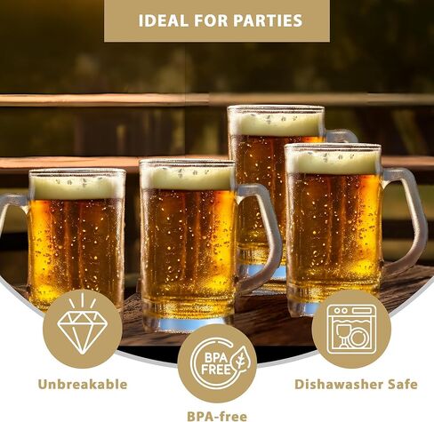 Lily's Home Set of 4 Unbreakable Classic Beer Mug 18.9oz each, Made of Shatterproof Plastic and Ideal for Indoor and Outdoor Use, Reusable in Saudi Arabia